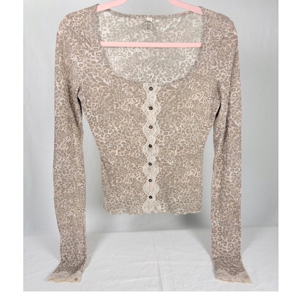 Intimately Free People Leopard Print w/ Lace Long Sleeve Top Pink Tan Babydoll